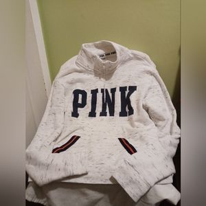 PINK Victoria's Secret Zip Pullover Sweatshirt Cream Heather Navy Logo, Size- M